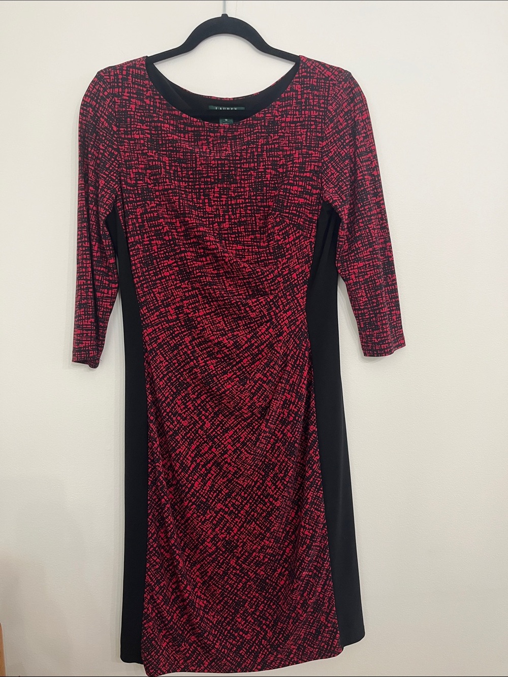 Lauren Ralph Lauren Red Black Abstract Print Ruched Sheath Dress Midi Size 10